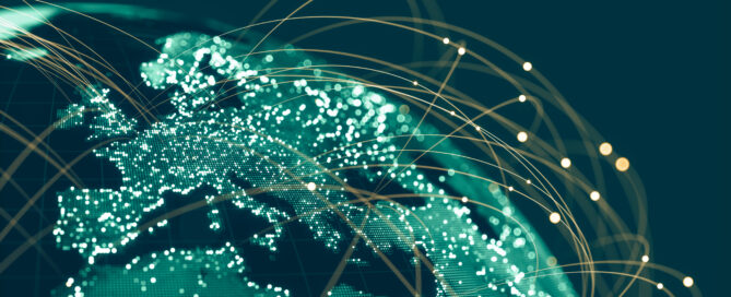 Blue Globe viewing from space at night with connections between cities.